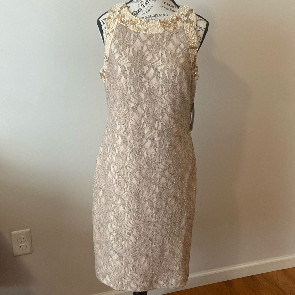 NWT BADGLEY MISCHIA $540 Cocktail Dress size 12 Lace Floral Gold Pearls sequins